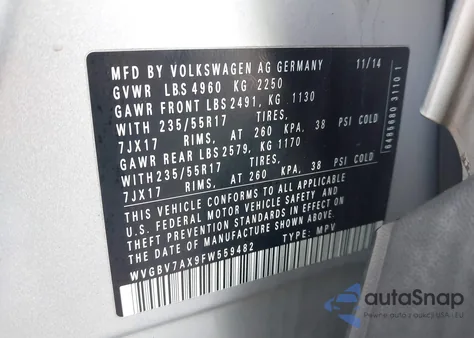 2015 Volkswagen Tiguan Se из США, поврежденный, VIN WVGBV7AX9FW559482